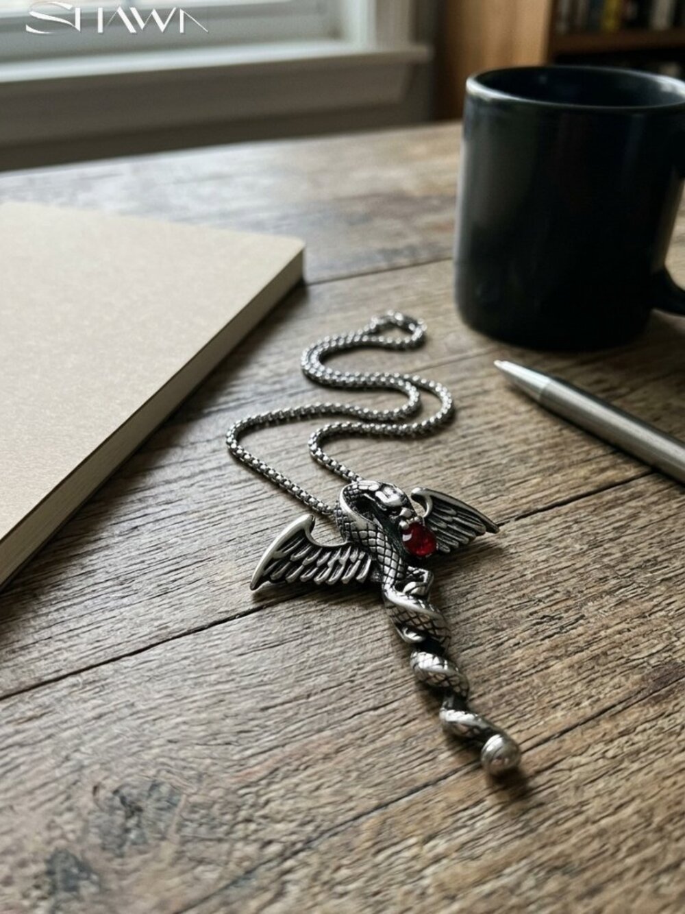 Mens Winged Dragon Sword Pendant Necklace